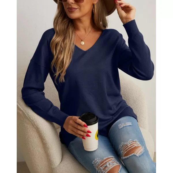 GRECERELLE Women's V-Neck Long Sleeve Side Split Loose Casual Knit Pullover Sweater Blouse