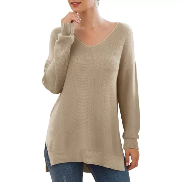 GRECERELLE Women's V-Neck Long Sleeve Side Split Loose Casual Knit Pullover Sweater Blouse