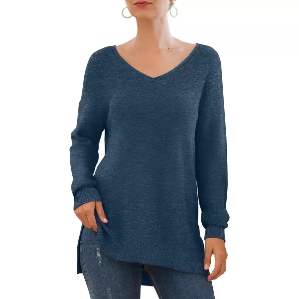 GRECERELLE Women's V-Neck Long Sleeve Side Split Loose Casual Knit Pullover Sweater Blouse