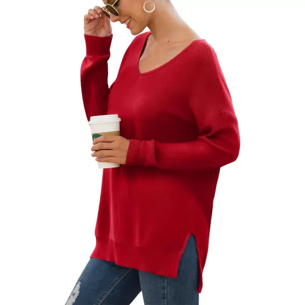 GRECERELLE Women's V-Neck Long Sleeve Side Split Loose Casual Knit Pullover Sweater Blouse
