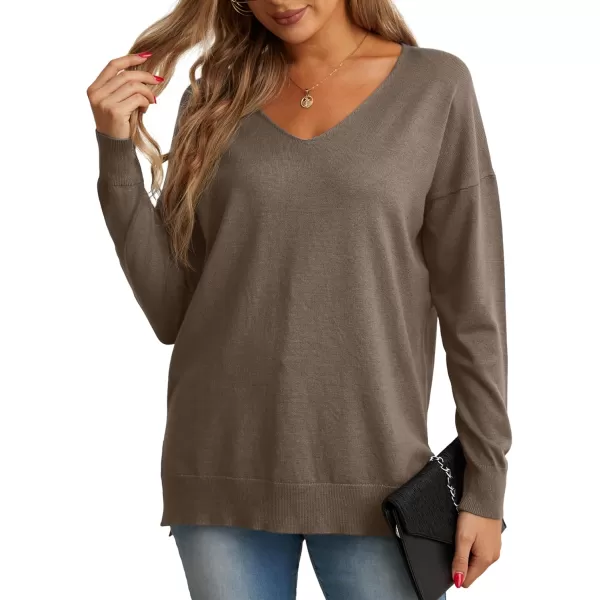 GRECERELLE Women's V-Neck Long Sleeve Side Split Loose Casual Knit Pullover Sweater Blouse