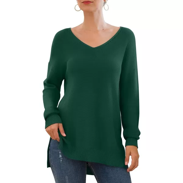 GRECERELLE Women's V-Neck Long Sleeve Side Split Loose Casual Knit Pullover Sweater Blouse