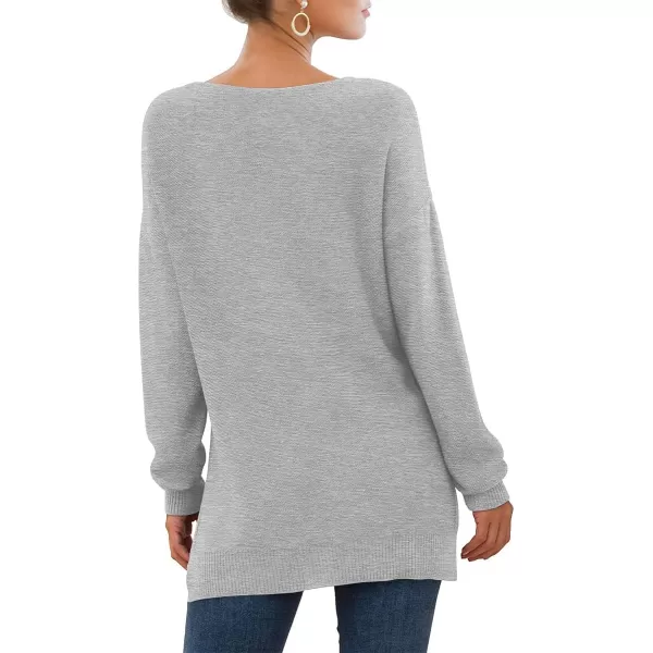 GRECERELLE Women's V-Neck Long Sleeve Side Split Loose Casual Knit Pullover Sweater Blouse