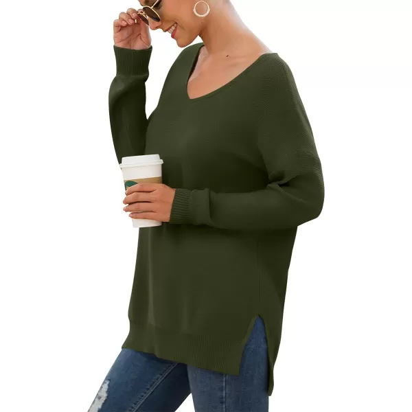 GRECERELLE Women's V-Neck Long Sleeve Side Split Loose Casual Knit Pullover Sweater Blouse