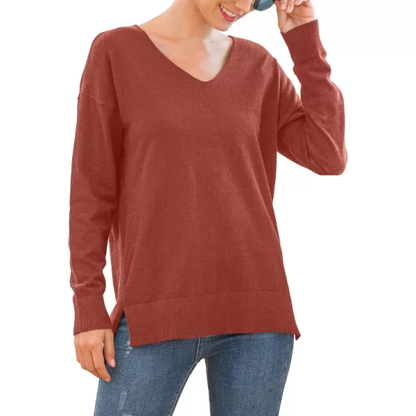 GRECERELLE Women's V-Neck Long Sleeve Side Split Loose Casual Knit Pullover Sweater Blouse