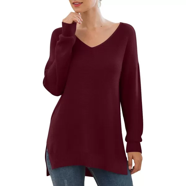 GRECERELLE Women's V-Neck Long Sleeve Side Split Loose Casual Knit Pullover Sweater Blouse
