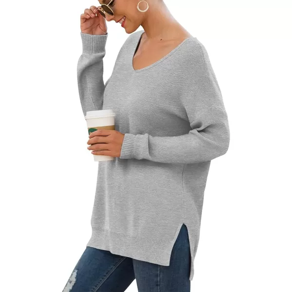 GRECERELLE Women's V-Neck Long Sleeve Side Split Loose Casual Knit Pullover Sweater Blouse