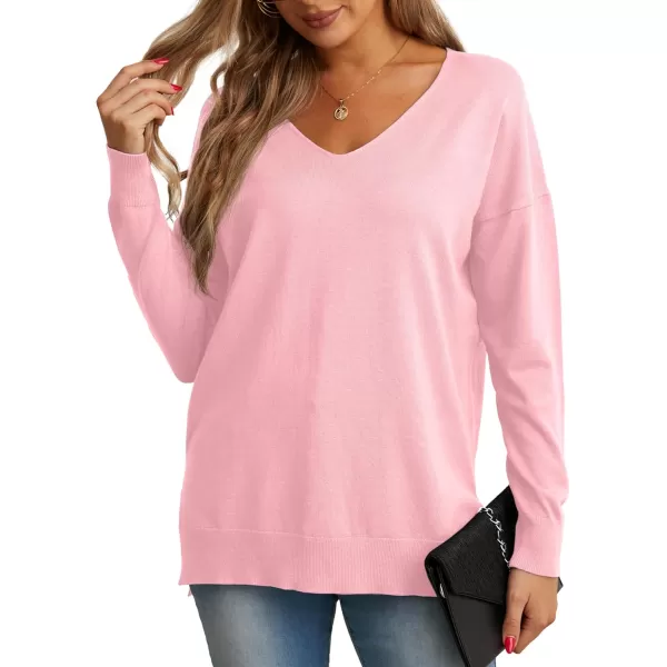 GRECERELLE Women's V-Neck Long Sleeve Side Split Loose Casual Knit Pullover Sweater Blouse