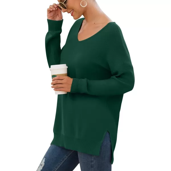 GRECERELLE Women's V-Neck Long Sleeve Side Split Loose Casual Knit Pullover Sweater Blouse