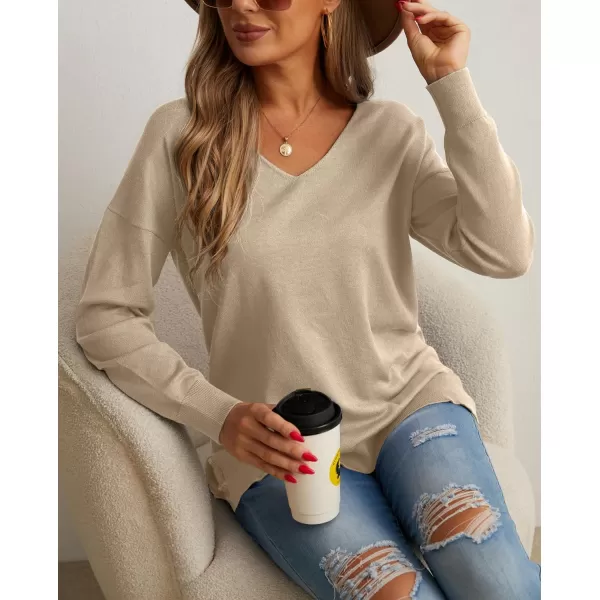 GRECERELLE Women's V-Neck Long Sleeve Side Split Loose Casual Knit Pullover Sweater Blouse