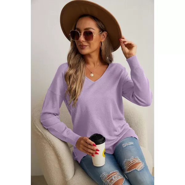 GRECERELLE Women's V-Neck Long Sleeve Side Split Loose Casual Knit Pullover Sweater Blouse