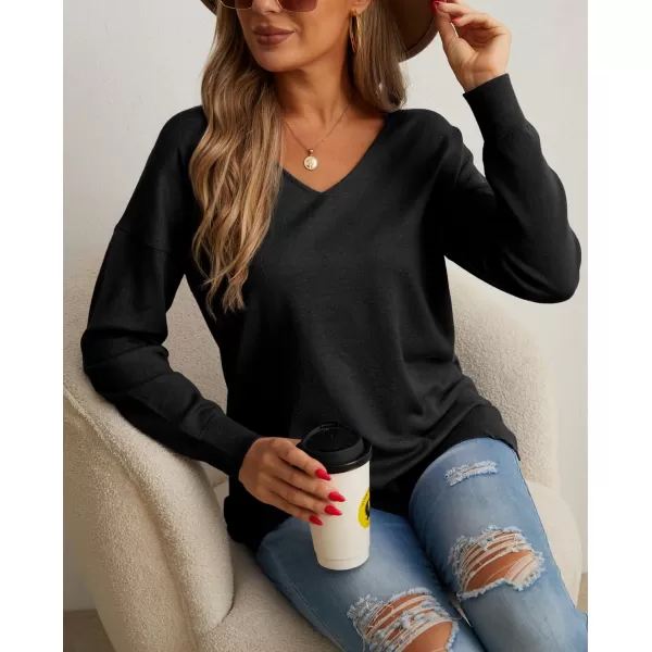 GRECERELLE Women's V-Neck Long Sleeve Side Split Loose Casual Knit Pullover Sweater Blouse