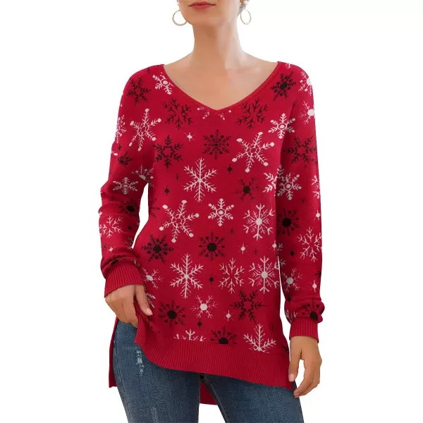 GRECERELLE Women's V-Neck Long Sleeve Side Split Loose Casual Knit Pullover Sweater Blouse