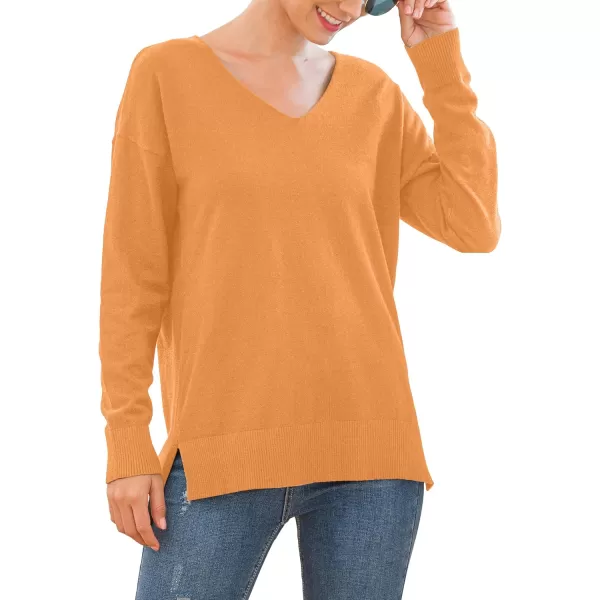 GRECERELLE Women's V-Neck Long Sleeve Side Split Loose Casual Knit Pullover Sweater Blouse