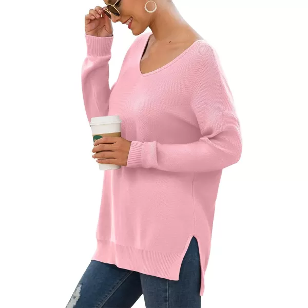 GRECERELLE Women's V-Neck Long Sleeve Side Split Loose Casual Knit Pullover Sweater Blouse