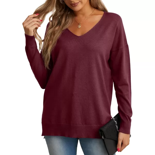 GRECERELLE Women's V-Neck Long Sleeve Side Split Loose Casual Knit Pullover Sweater Blouse