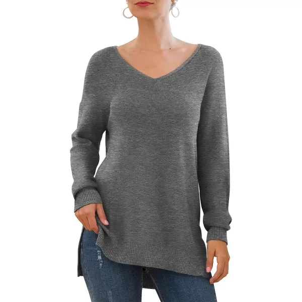 GRECERELLE Women's V-Neck Long Sleeve Side Split Loose Casual Knit Pullover Sweater Blouse