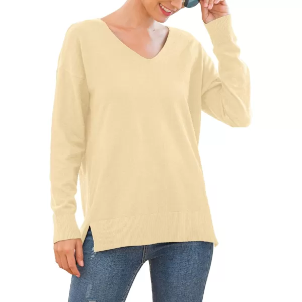 GRECERELLE Women's V-Neck Long Sleeve Side Split Loose Casual Knit Pullover Sweater Blouse