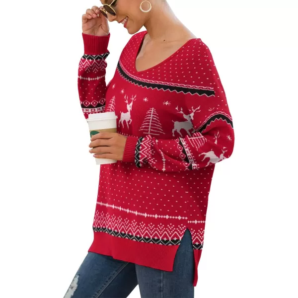 GRECERELLE Women's V-Neck Long Sleeve Side Split Loose Casual Knit Pullover Sweater Blouse