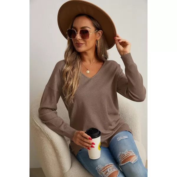 GRECERELLE Women's V-Neck Long Sleeve Side Split Loose Casual Knit Pullover Sweater Blouse