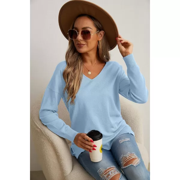 GRECERELLE Women's V-Neck Long Sleeve Side Split Loose Casual Knit Pullover Sweater Blouse