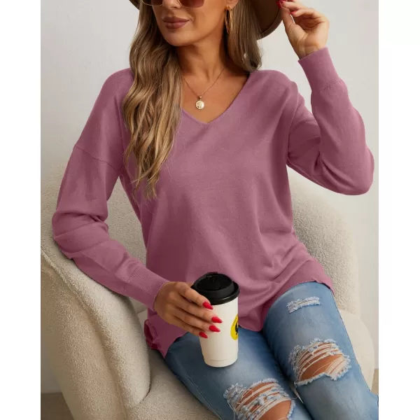 GRECERELLE Women's V-Neck Long Sleeve Side Split Loose Casual Knit Pullover Sweater Blouse