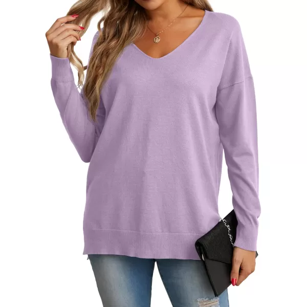 GRECERELLE Women's V-Neck Long Sleeve Side Split Loose Casual Knit Pullover Sweater Blouse