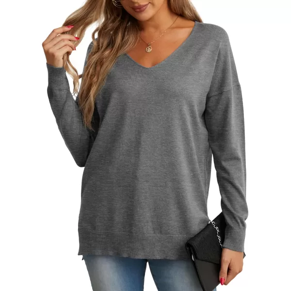 GRECERELLE Women's V-Neck Long Sleeve Side Split Loose Casual Knit Pullover Sweater Blouse