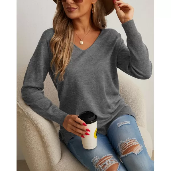 GRECERELLE Women's V-Neck Long Sleeve Side Split Loose Casual Knit Pullover Sweater Blouse