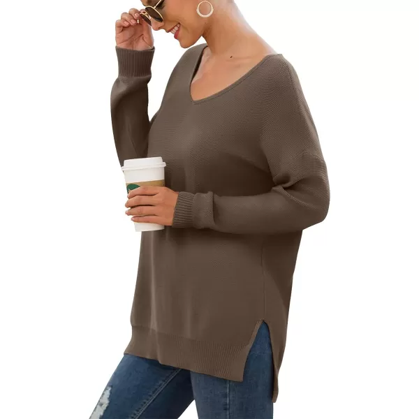 GRECERELLE Women's V-Neck Long Sleeve Side Split Loose Casual Knit Pullover Sweater Blouse