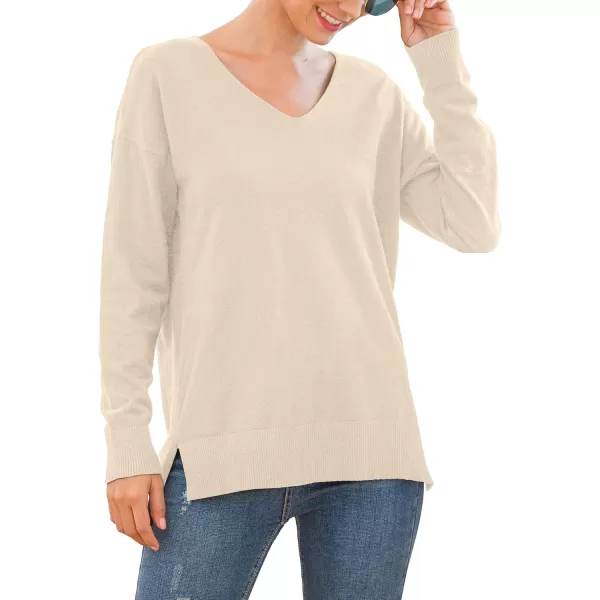 GRECERELLE Women's V-Neck Long Sleeve Side Split Loose Casual Knit Pullover Sweater Blouse