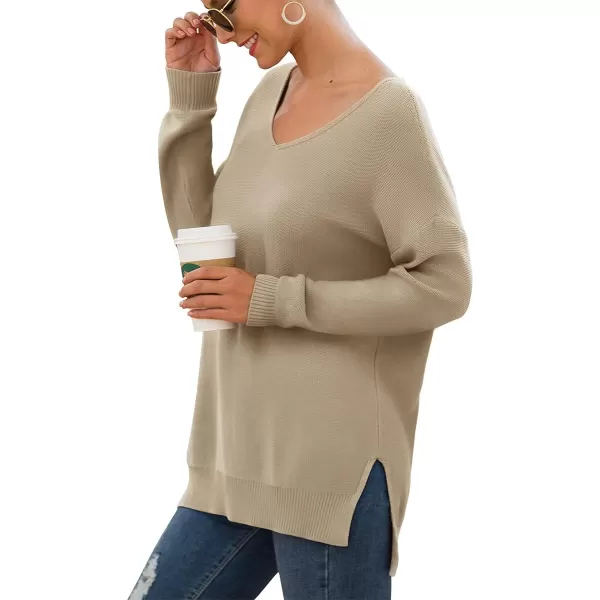 GRECERELLE Women's V-Neck Long Sleeve Side Split Loose Casual Knit Pullover Sweater Blouse