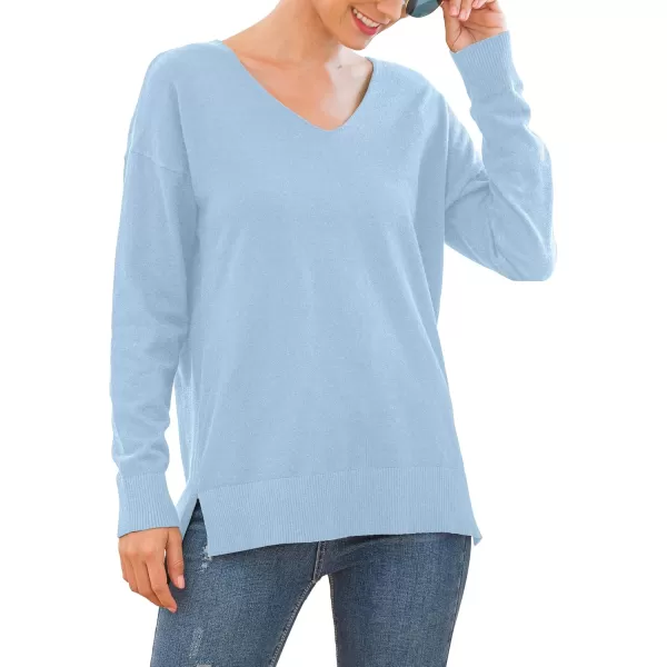 GRECERELLE Women's V-Neck Long Sleeve Side Split Loose Casual Knit Pullover Sweater Blouse