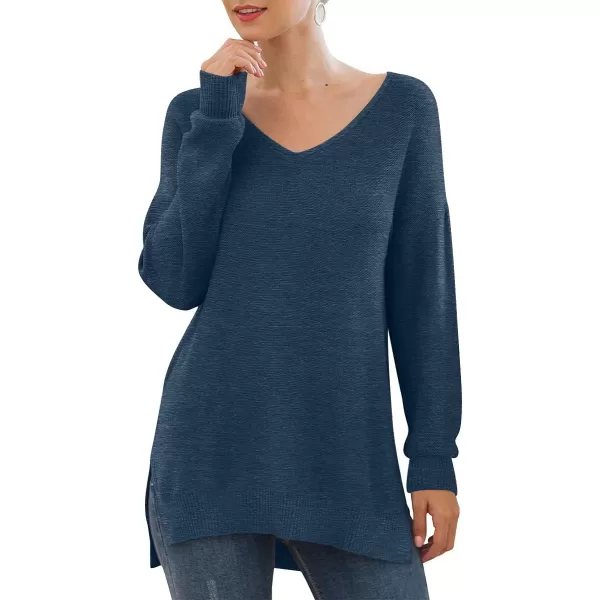 GRECERELLE Women's V-Neck Long Sleeve Side Split Loose Casual Knit Pullover Sweater Blouse