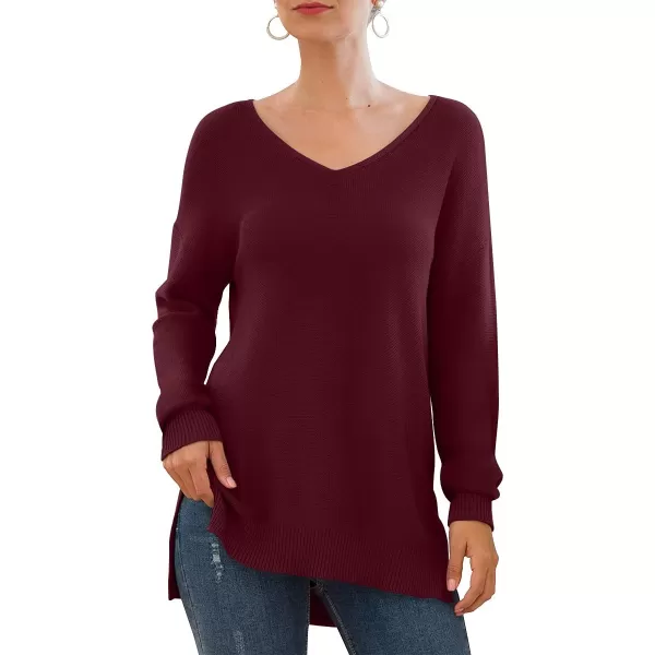GRECERELLE Women's V-Neck Long Sleeve Side Split Loose Casual Knit Pullover Sweater Blouse