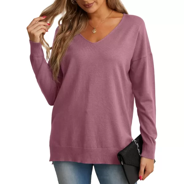 GRECERELLE Women's V-Neck Long Sleeve Side Split Loose Casual Knit Pullover Sweater Blouse