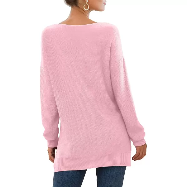 GRECERELLE Women's V-Neck Long Sleeve Side Split Loose Casual Knit Pullover Sweater Blouse
