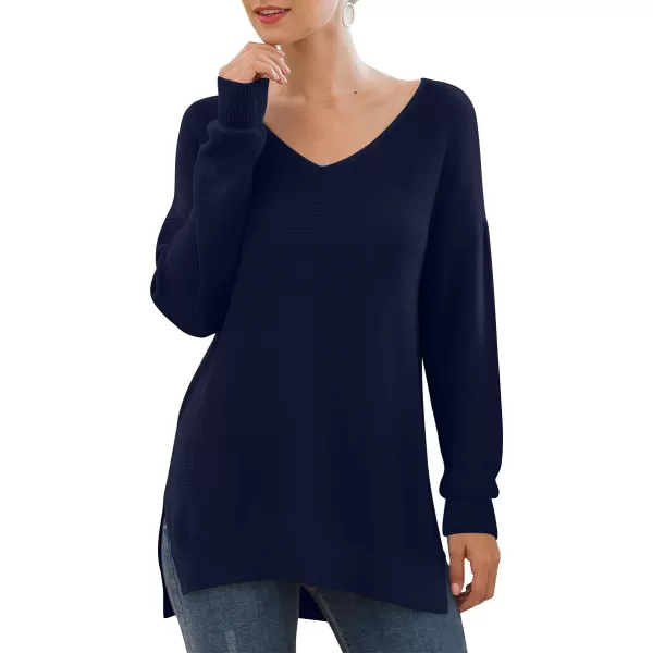 GRECERELLE Women's V-Neck Long Sleeve Side Split Loose Casual Knit Pullover Sweater Blouse