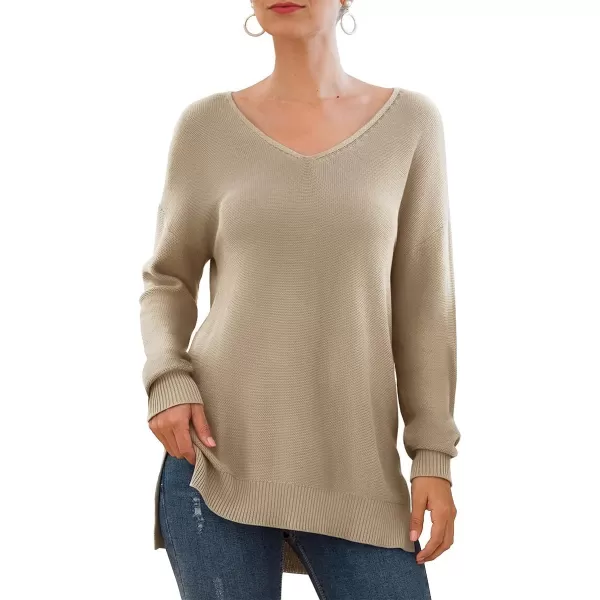 GRECERELLE Women's V-Neck Long Sleeve Side Split Loose Casual Knit Pullover Sweater Blouse