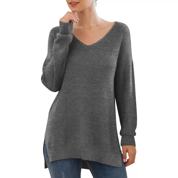 GRECERELLE Women's V-Neck Long Sleeve Side Split Loose Casual Knit Pullover Sweater Blouse