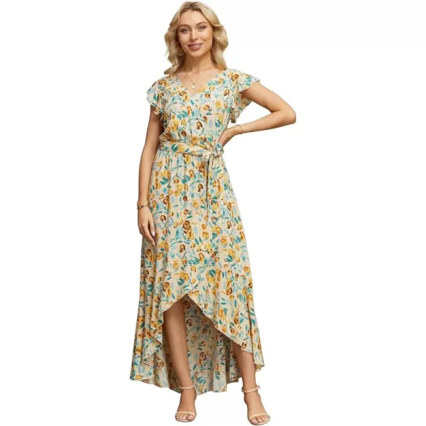 GRECERELLE 2024 Women's Spring Summer Boho Floral Print V-Neck Faux Wrap Maxi Dress for Wedding Guest, Graduation, Party