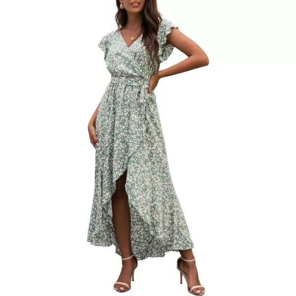 GRECERELLE 2024 Women's Spring Summer Boho Floral Print V-Neck Faux Wrap Maxi Dress for Wedding Guest, Graduation, Party