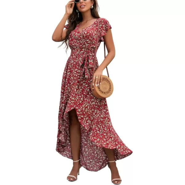 GRECERELLE 2024 Women's Spring Summer Boho Floral Print V-Neck Faux Wrap Maxi Dress for Wedding Guest, Graduation, Party
