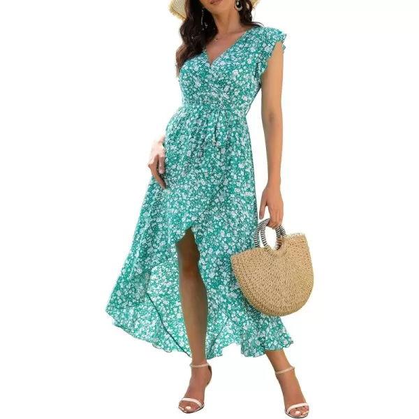 GRECERELLE 2024 Women's Spring Summer Boho Floral Print V-Neck Faux Wrap Maxi Dress for Wedding Guest, Graduation, Party