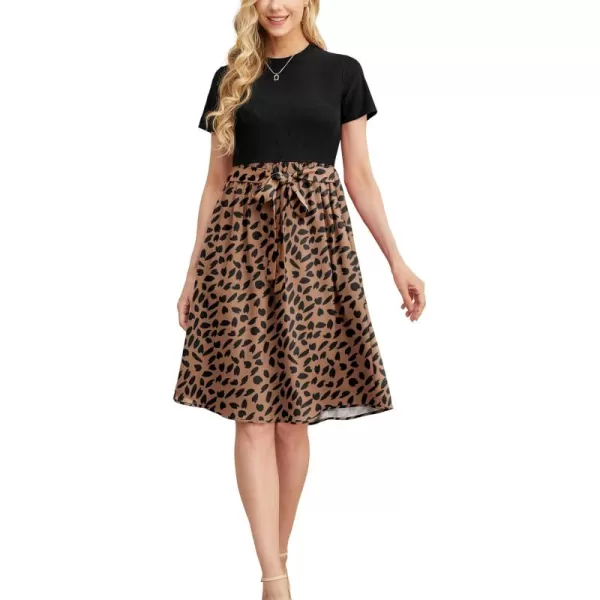 GRECERELLE Womens Casual Dresses 2024 Church Short Sleeve Ribbed Teacher Modest Business Work Outfits Midi Dress with Pockets