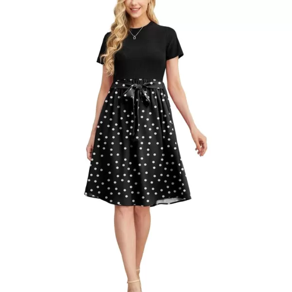 GRECERELLE Womens Casual Dresses 2024 Church Short Sleeve Ribbed Teacher Modest Business Work Outfits Midi Dress with Pockets