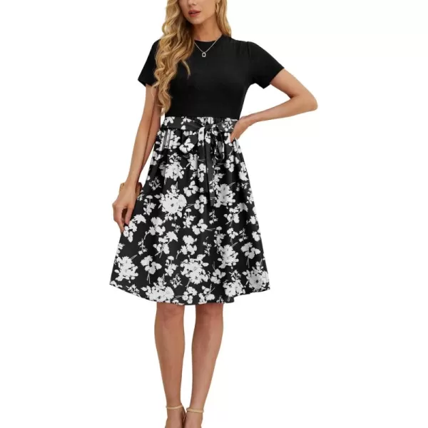 GRECERELLE Womens Casual Dresses 2024 Church Short Sleeve Ribbed Teacher Modest Business Work Outfits Midi Dress with Pockets