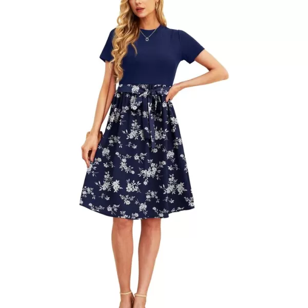 GRECERELLE Womens Casual Dresses 2024 Church Short Sleeve Ribbed Teacher Modest Business Work Outfits Midi Dress with Pockets