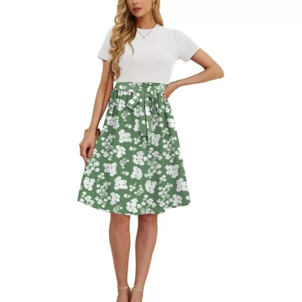 GRECERELLE Womens Casual Dresses 2024 Church Short Sleeve Ribbed Teacher Modest Business Work Outfits Midi Dress with Pockets