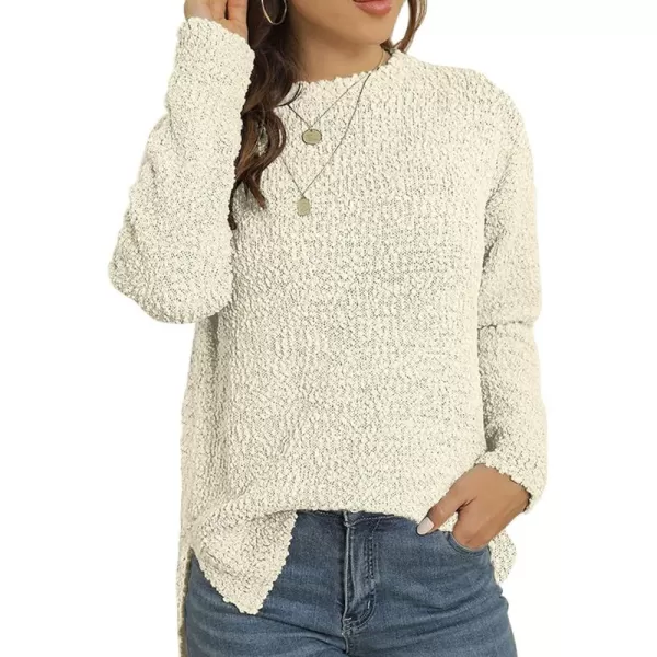 GRECERELLE Women's Fuzzy Knitted Sweater Crew-Neck Long Sleeve Side Split Loose Casual Knit Pullover Sweater Blouse